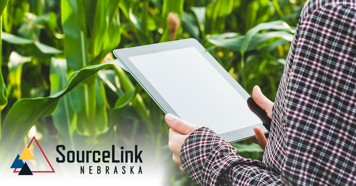 Person standing in cornfield with electronic tablet. SourceLink Nebraska logo in the bottom corner.