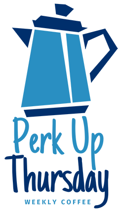 PUT Logo - Blue coffee pot with Perk Up Thursday Weekly Coffee.