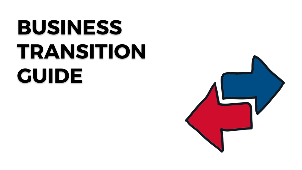 Business Transition Guide with blue and red arrows.