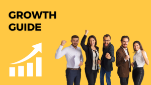 Growth Guide with yellow background and three men and two women entrepreneurs.