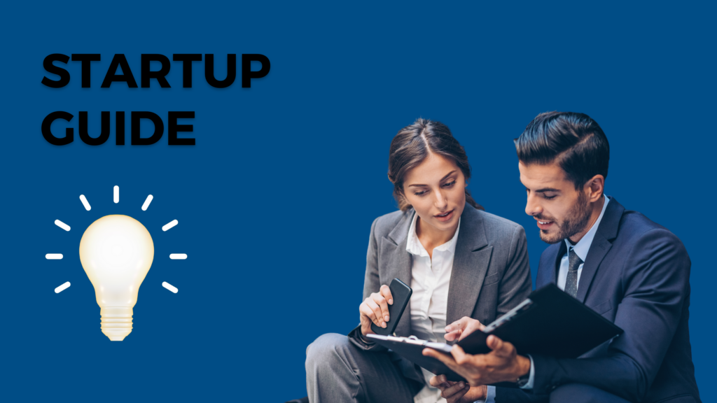 A man and woman talking and looking at a notebook. The word startup guide with a lightbulb on a blue background.