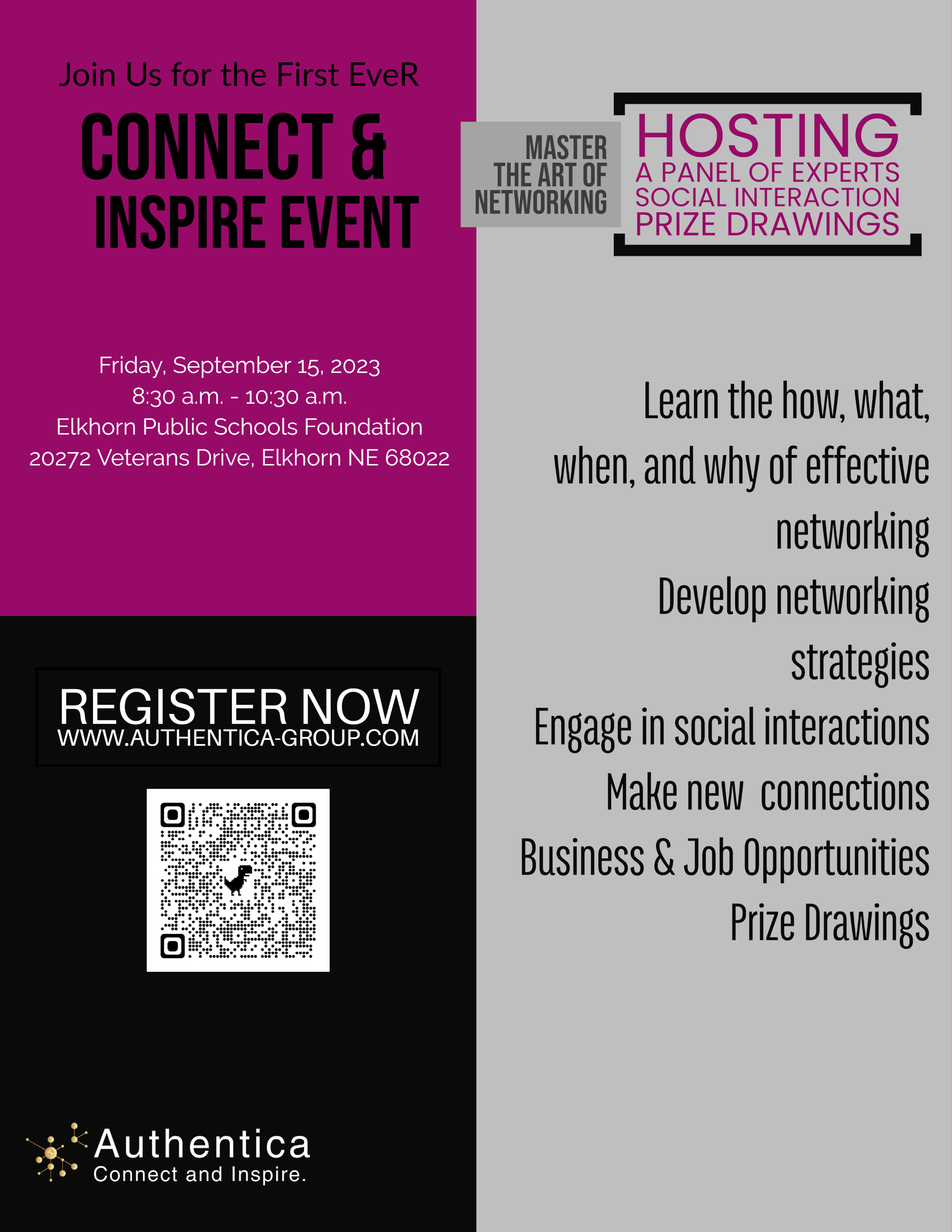 Authentica LLC “Connect & Inspire” Mastering the Art of Networking Event on a purple, black, and grey background.