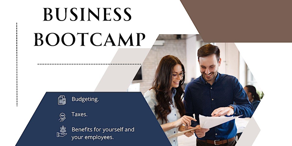 Business Bootcamp with a man and a woman smiling at a paper