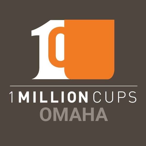 1 Million Cups - Omaha with orange and white coffee cups on a brown background.