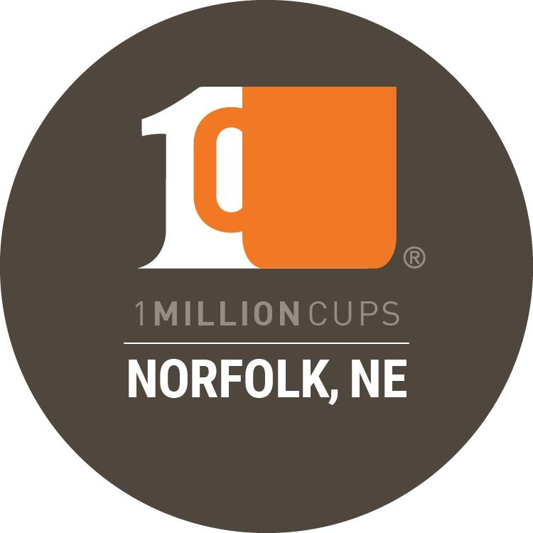 1 Million Cups - Norfolk with orange and white coffee cups on a brown background.