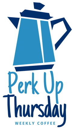 Blue Perk Up Thursday logo with a coffee pot.