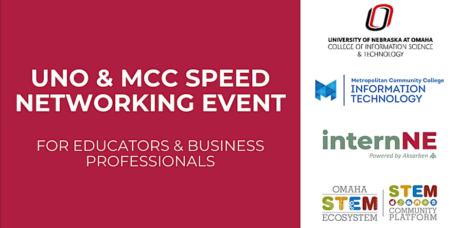 UNO & MCC Speed Networking Event for Educators and Business Professional in red background